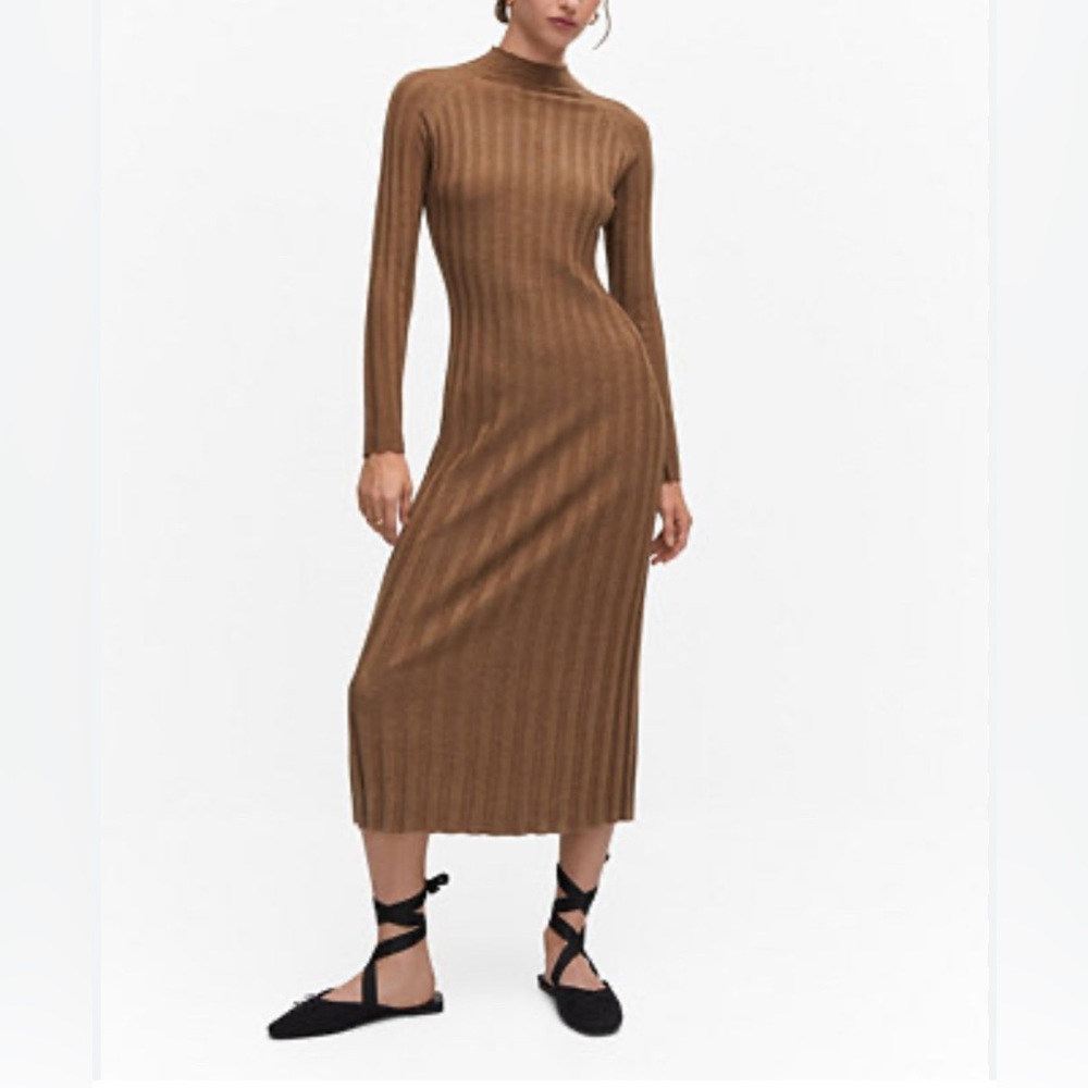 Mango Perkins Long Sleeve Brown Knit Dress